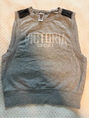 Victoria's Secret Gray Sleeveless Sport Tank with Black Lace Shoulders